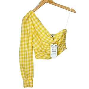 NWT Zara Yellow Gingham One Sleeve Gauze Crop Top Size Small